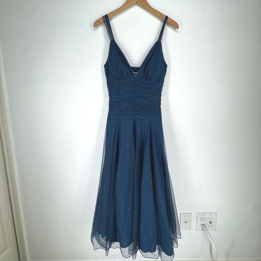 Speechless Fairy Glitter Tulle Ruched Dress Babydoll Y2K Medium Blue Deep V Neck